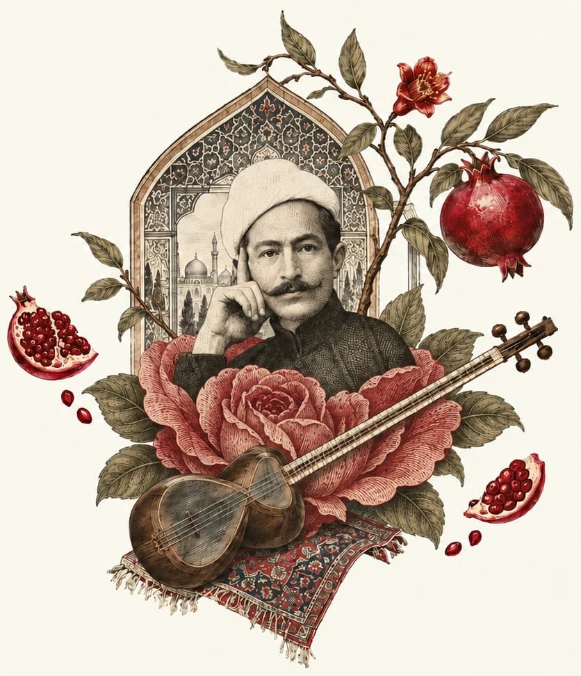 Illustration à la manière d’une gravure : un musicien de l’époque kadjare, coiffé d’un turban blanc, le menton dans la main, devant une arche carrelée, entouré de grenades, d’une rose épanouie et d’un târ posé sur un tapis persan.