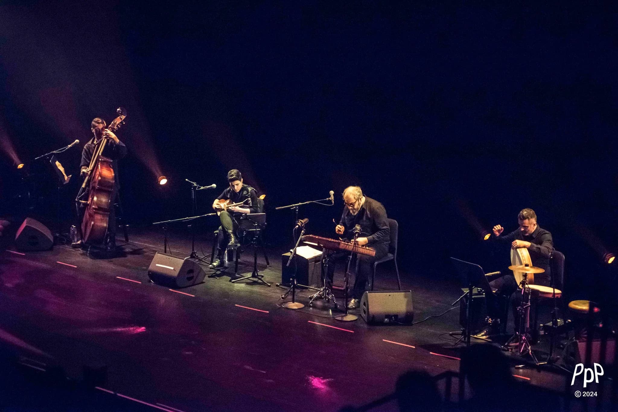 Quatre musiciens — contrebasse, târ, santur et tambour sur cadre — répartis sur une grande scène sous une lumière violette.